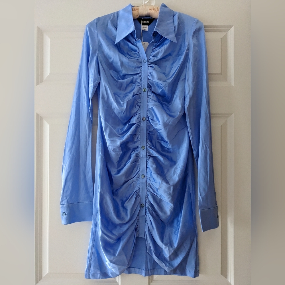 Kim Shui dress Mini ruched silk Long Sleeve blue M Party Homecoming